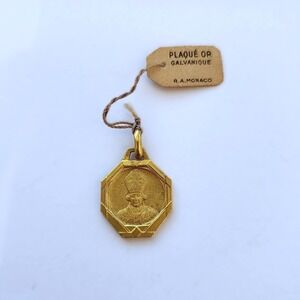 Vintage French St Robert de Turlande Medal Art Deco Octagon Gold Plated Tag NOS